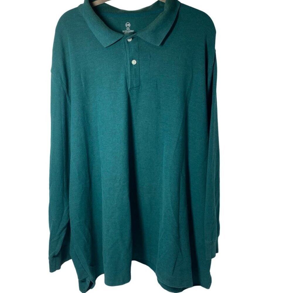 HB Men's Polo Shirt, Green, Long Sleeve, 1/4 Button, Size 5X, (Big & Tall)